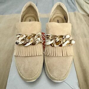 Vaneli Beige Suede Loafers with Shell Chain “Qerene”